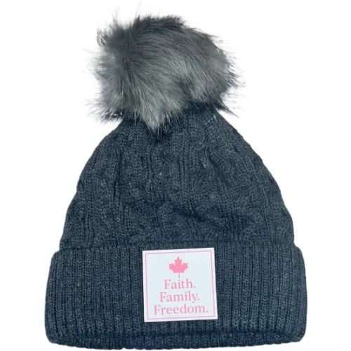 Faith. Family. Freedom. Women’s Pom Beanie – Winter Knit Luxury Edition-Charcoal-White 403 Custom Cuts