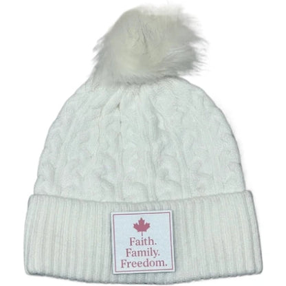 Faith. Family. Freedom. Women’s Pom Beanie – Winter Knit Luxury Edition-Charcoal-White 403 Custom Cuts