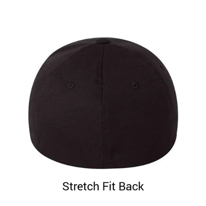 Black cap with stretch fit back on a white background