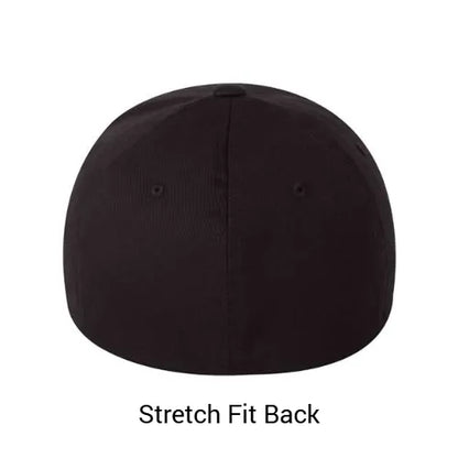 Black baseball cap with 'Stretch Fit Back' text on a white background