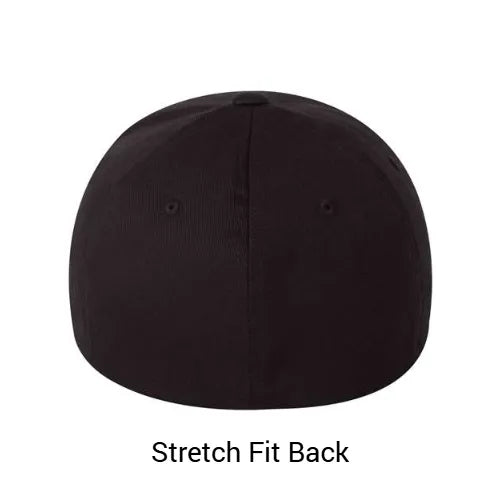 Black baseball cap with 'Stretch Fit Back' text on a white background