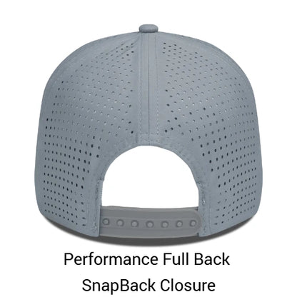 Gray baseball cap with performance full back and snapback closure on a white background