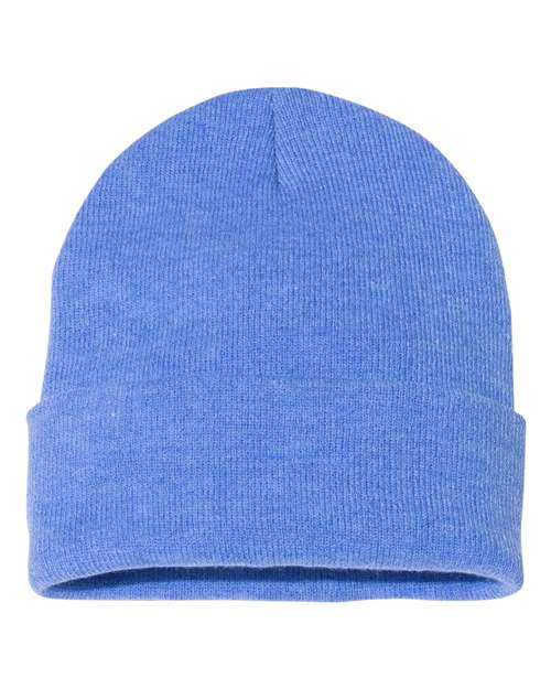 Blue knit beanie on a white background