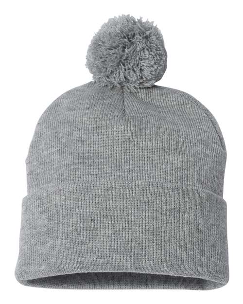 Gray knit beanie with a pom-pom on a white background