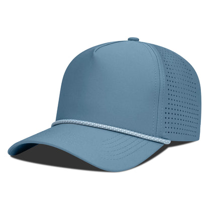 Blue baseball cap with mesh design on a white background