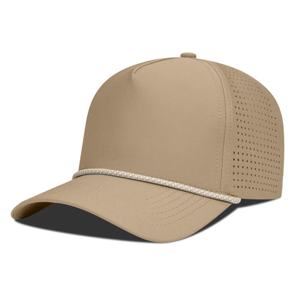 Beige baseball cap with mesh design on a white background