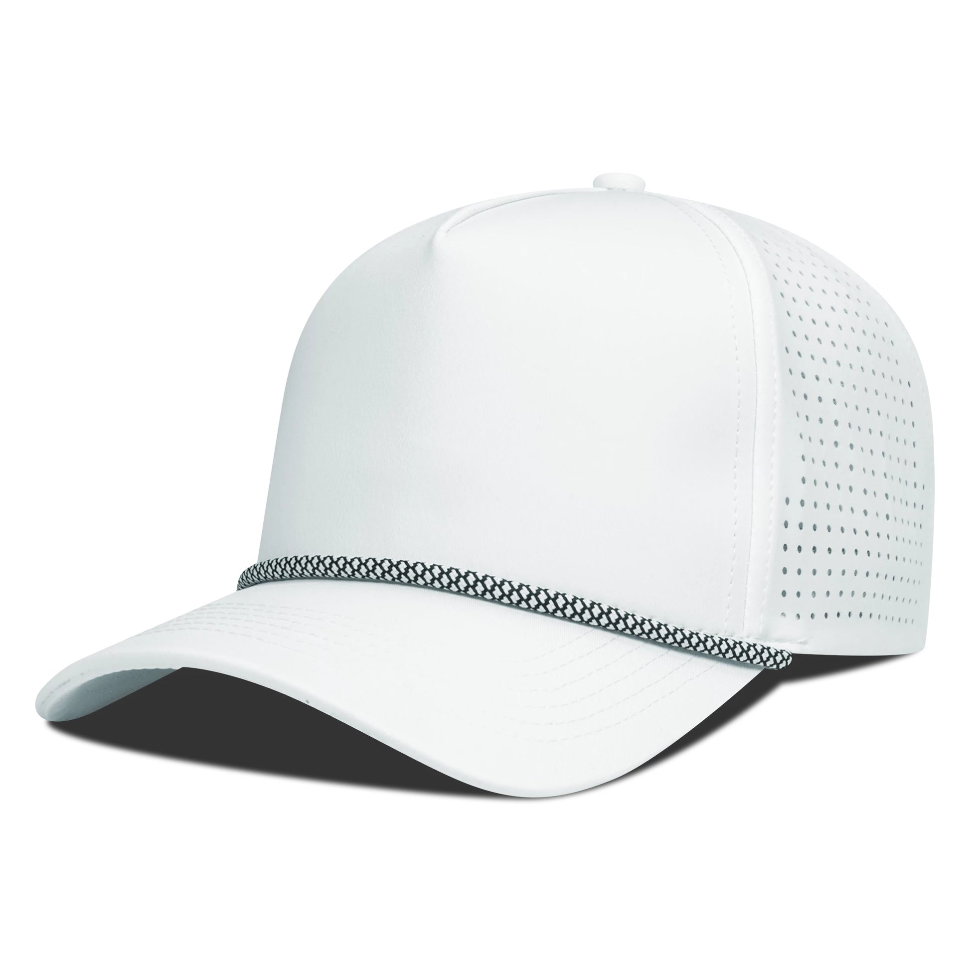 White mesh cap with black brim on a white background
