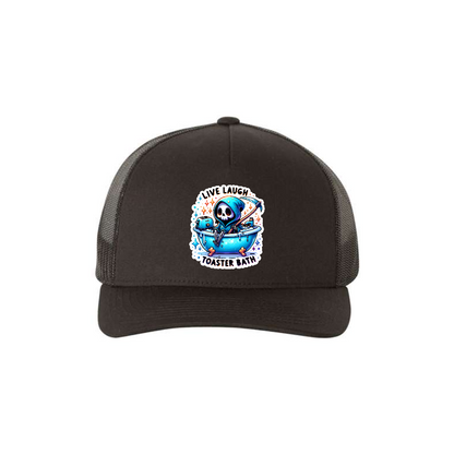 Live, Laugh, Toaster Bath - 5 Panel SnapBack Trucker Hat (White) - 403 Custom Cuts