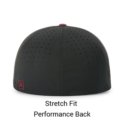 Black baseball cap with perforated design on a white background