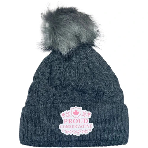 Proud Conservative Women’s Pom Beanie – Winter Knit Edition-Charcoal-White 403 Custom Cuts