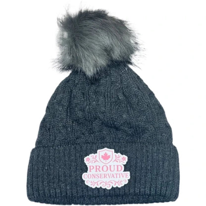 Proud Conservative Women’s Pom Beanie – Winter Knit Edition-Charcoal-White 403 Custom Cuts