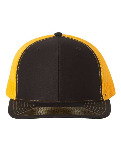 Custom Richardson 112 Black and yellow trucker cap on a white background