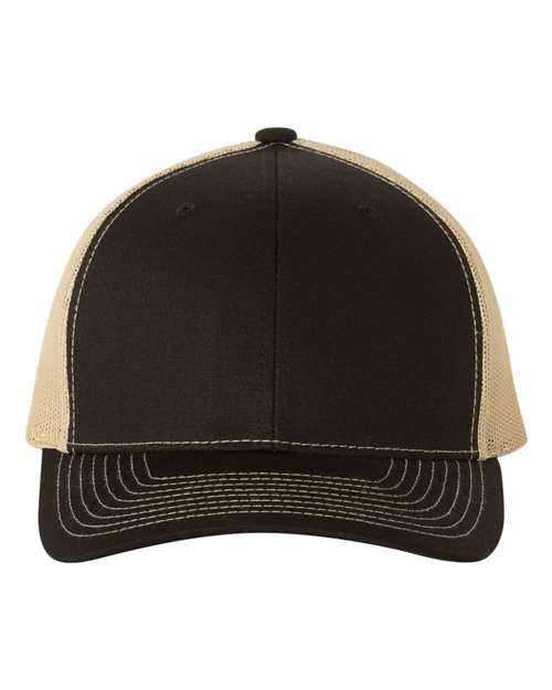 Custom Richardson 112 Black and beige trucker cap on a white background