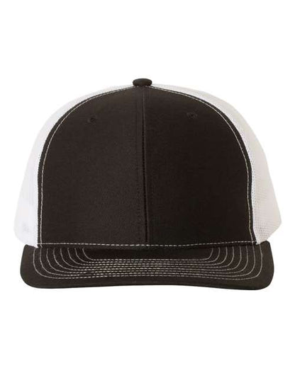 Custom Richardson 112 Black and white cap with a mesh back on a white background