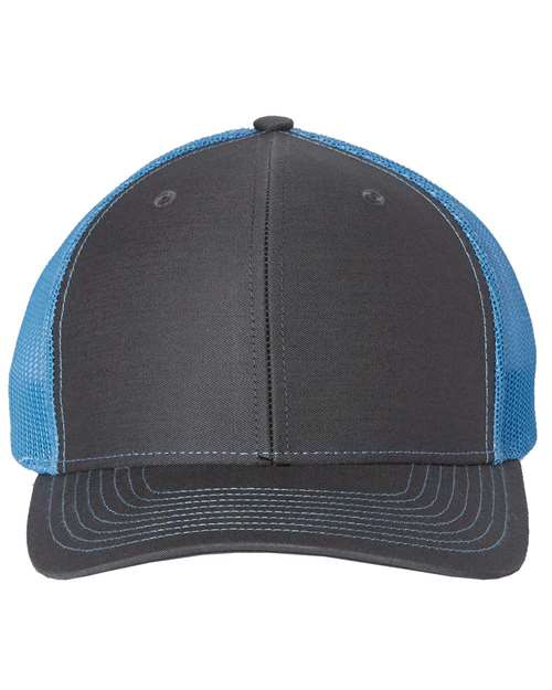 Custom Richardson 112 Gray and blue cap with mesh back on a white background