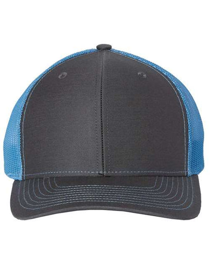 Custom Richardson 112 Gray and blue cap with mesh back on a white background