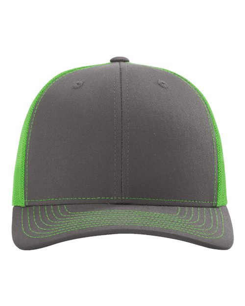 Custom Richardson 112 Gray and green cap with mesh back on a white background