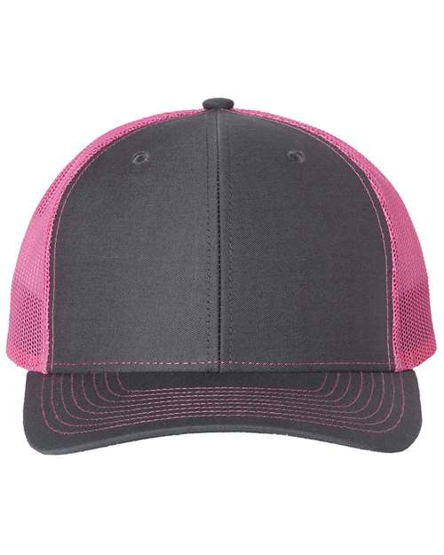 Custom Richardson 112 Gray and pink trucker cap on a white background
