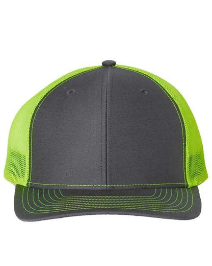 Custom Richardson 112 Gray and green cap with mesh back on a white background