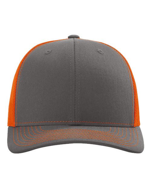 Custom Richardson 112 Gray cap with orange mesh back on a white background