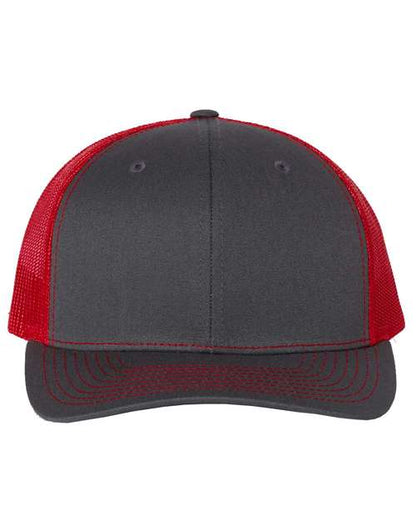 Custom Richardson 112 Gray and red trucker cap on a white background