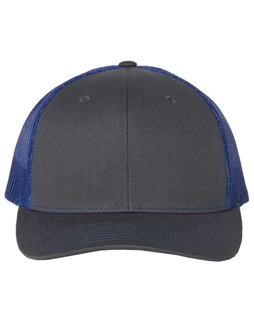 Custom Richardson 112 Gray cap with blue mesh back on a white background