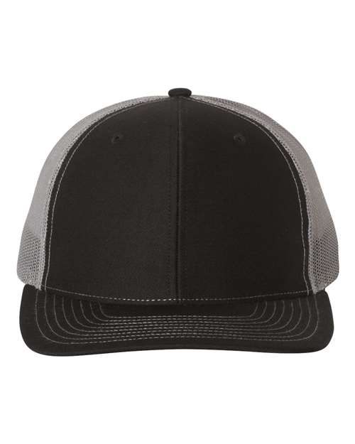 Custom Richardson 112 Black and gray trucker cap on a white background