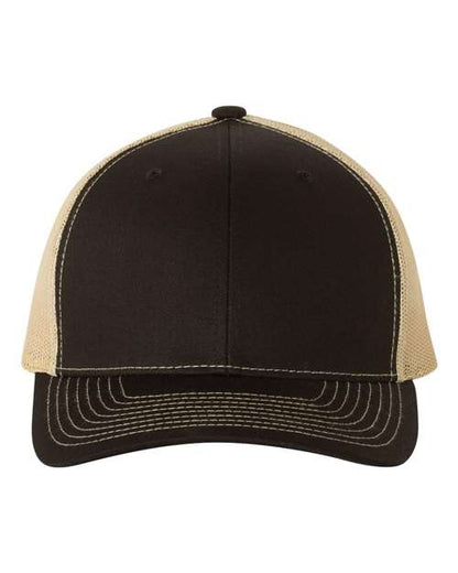Custom Richardson 112 Black and beige trucker cap on a white background