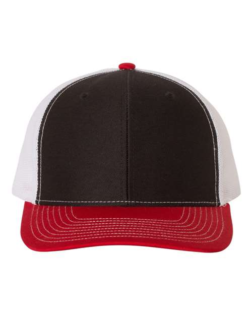 Custom Richardson 112 Black and white cap with red brim on a white background