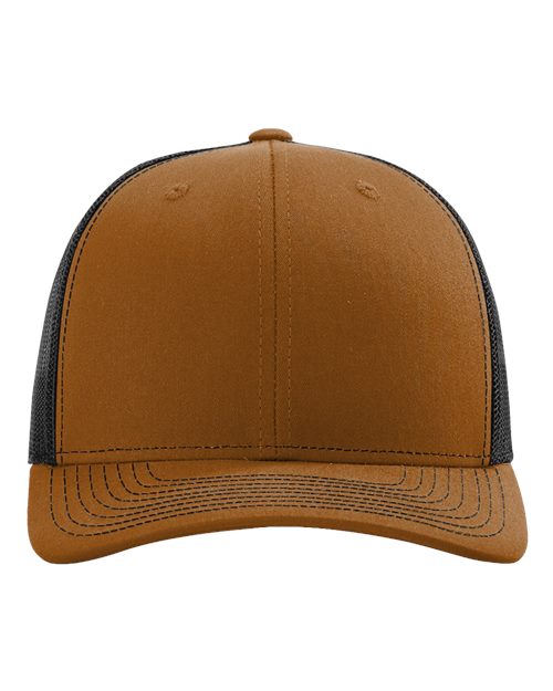 Custom Richardson 112 Brown and black trucker cap on a white background