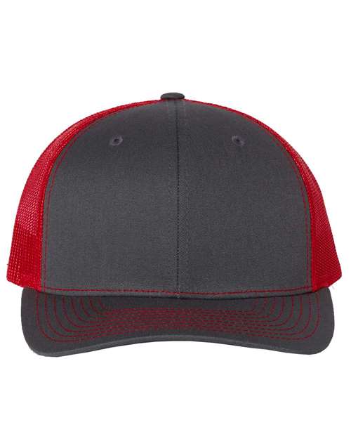 Custom Richardson 112 Gray and red trucker cap on a white background