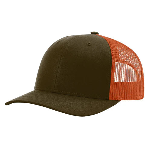 Richardson 115 Low Pro Trucker Cap, Snapback Hat - Dark Loden-Jaffa Orange