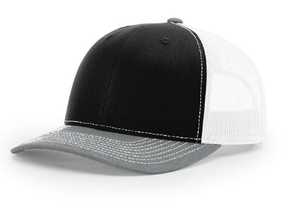 A black and white trucker cap with a gray brim, featuring white contrast stitching and a white mesh back, shown on a plain white background.