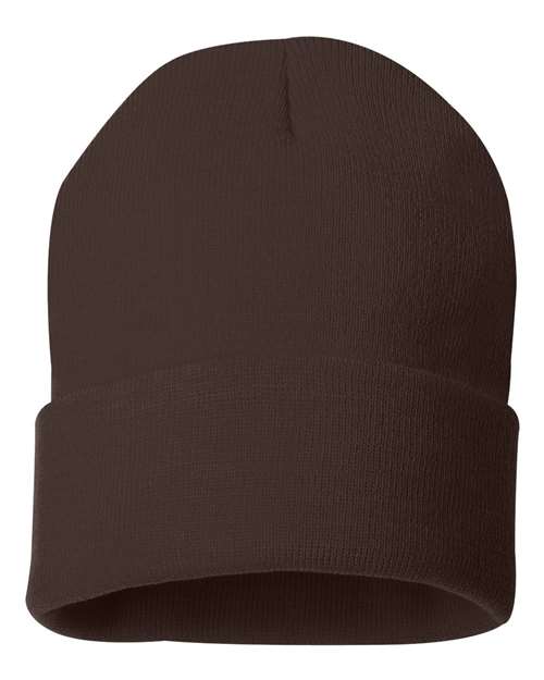 Brown knit beanie on a white background