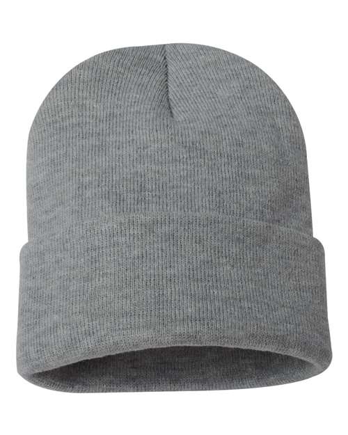 Gray knit beanie on a white background