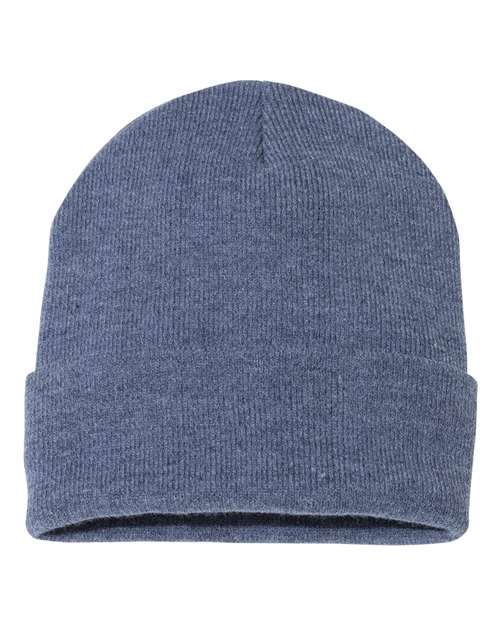 Blue knit beanie on a white background