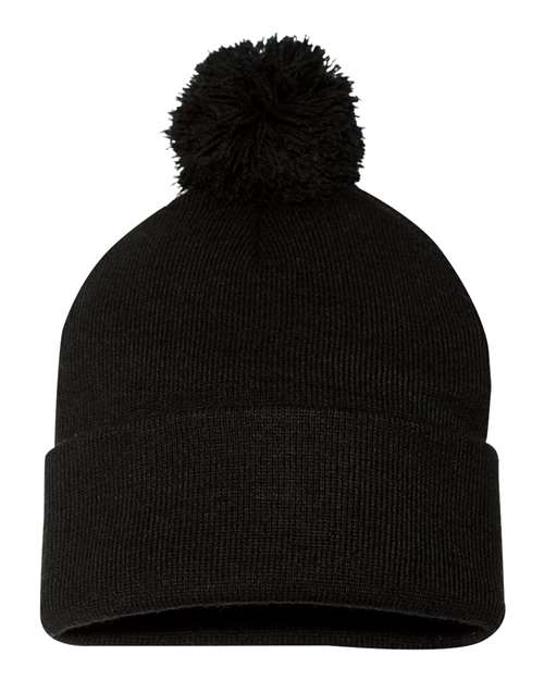 Black beanie with pom-pom on a white background