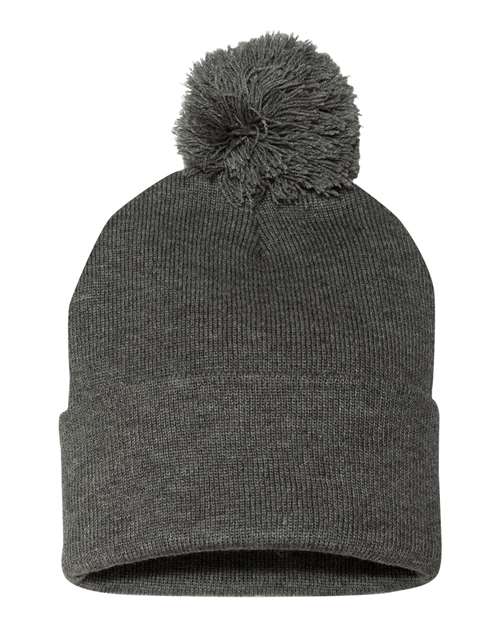 Gray knit beanie with pom-pom on a white background