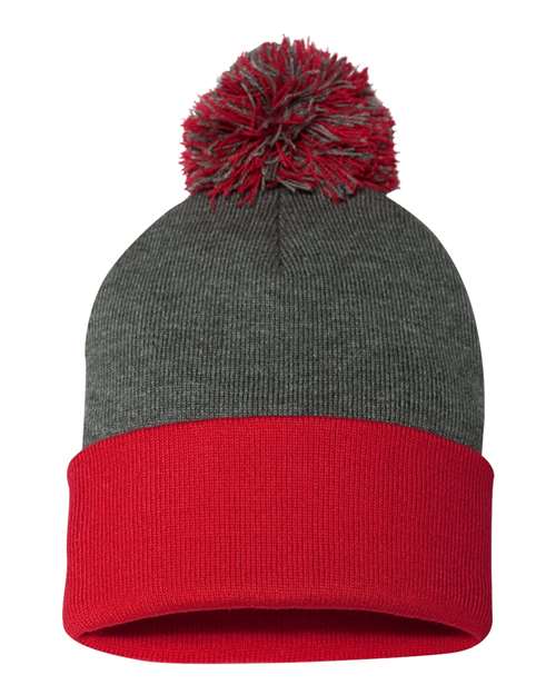 Gray and red beanie with a pom-pom on a white background
