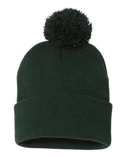 Dark green beanie with a black pom-pom on a white background