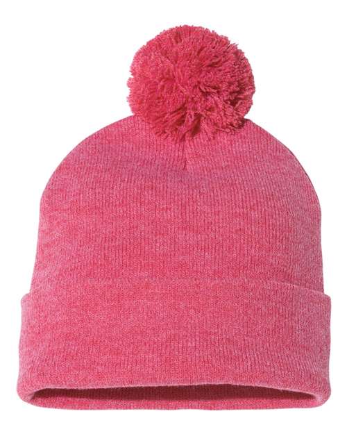 Pink beanie with a pom-pom on a white background