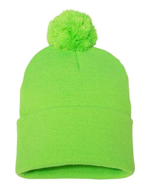 Neon Green beanie with a pom-pom on a white background