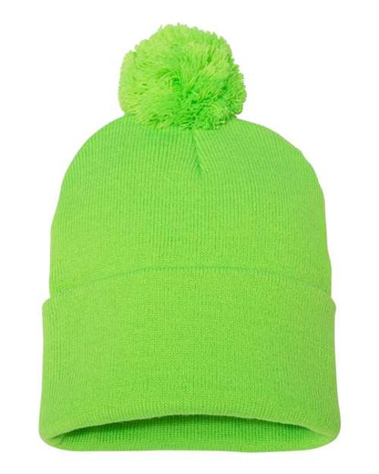 Neon Green beanie with a pom-pom on a white background