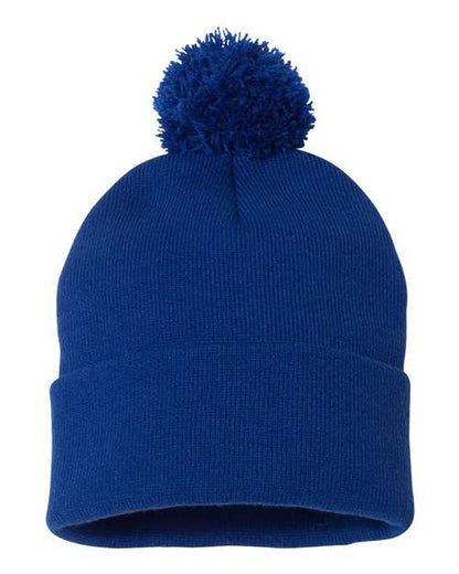 Blue beanie with a pom-pom on a white background