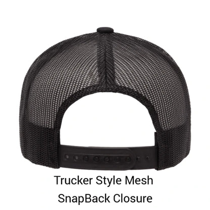 Black trucker style mesh cap with snapback closure on a white background