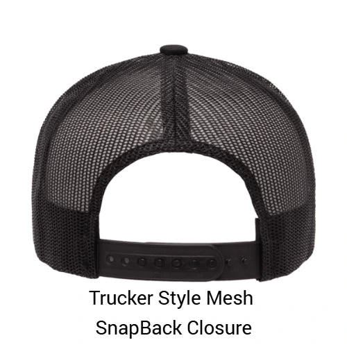Black trucker style mesh cap with snapback closure on a white background