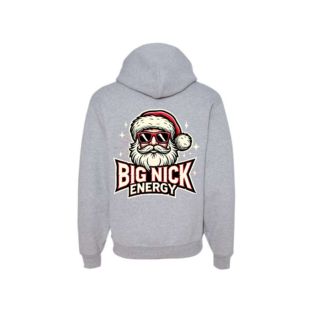 Athletic Heather Big Nick Energy graphic hoodie, back view showing the Santa skull Christmas graphic.