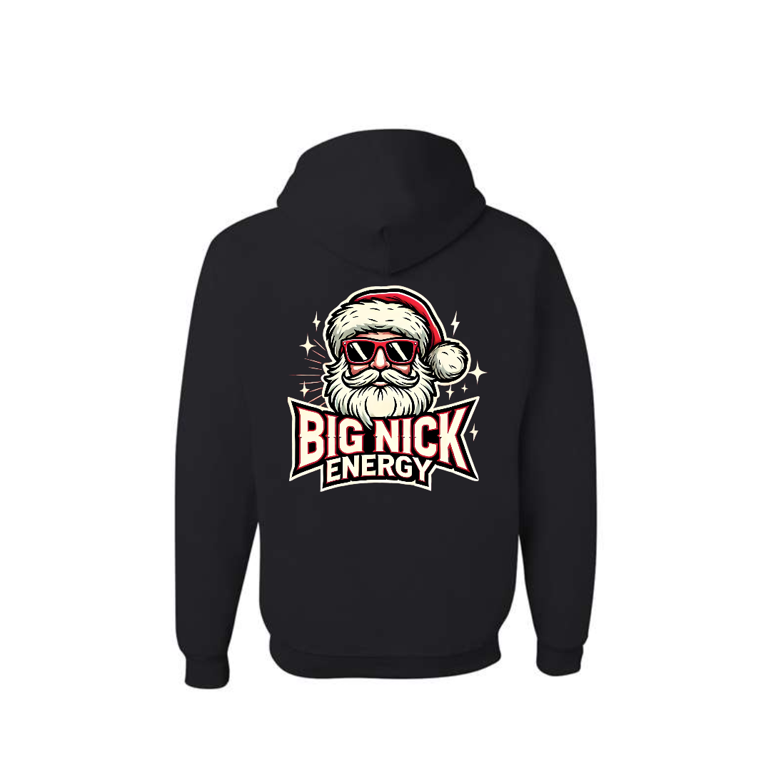 Black Big Nick Energy graphic hoodie, back view showing the Santa skull Christmas graphic.