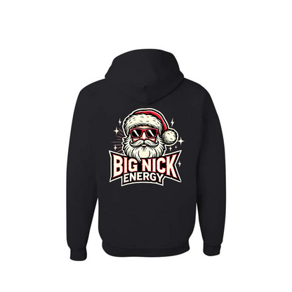 Black Big Nick Energy graphic hoodie, back view showing the Santa skull Christmas graphic.