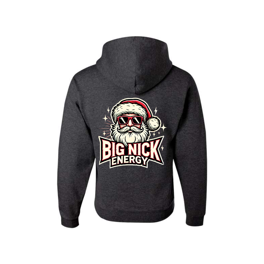 Heather Black Big Nick Energy graphic hoodie, back view showing the Santa skull Christmas graphic.